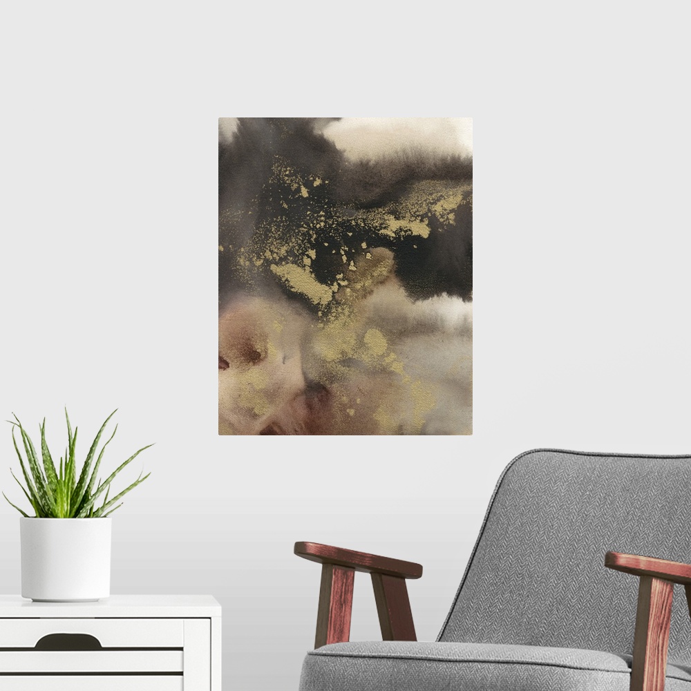 A modern room featuring Large abstract painting created with shades of brown and metallic gold accents.