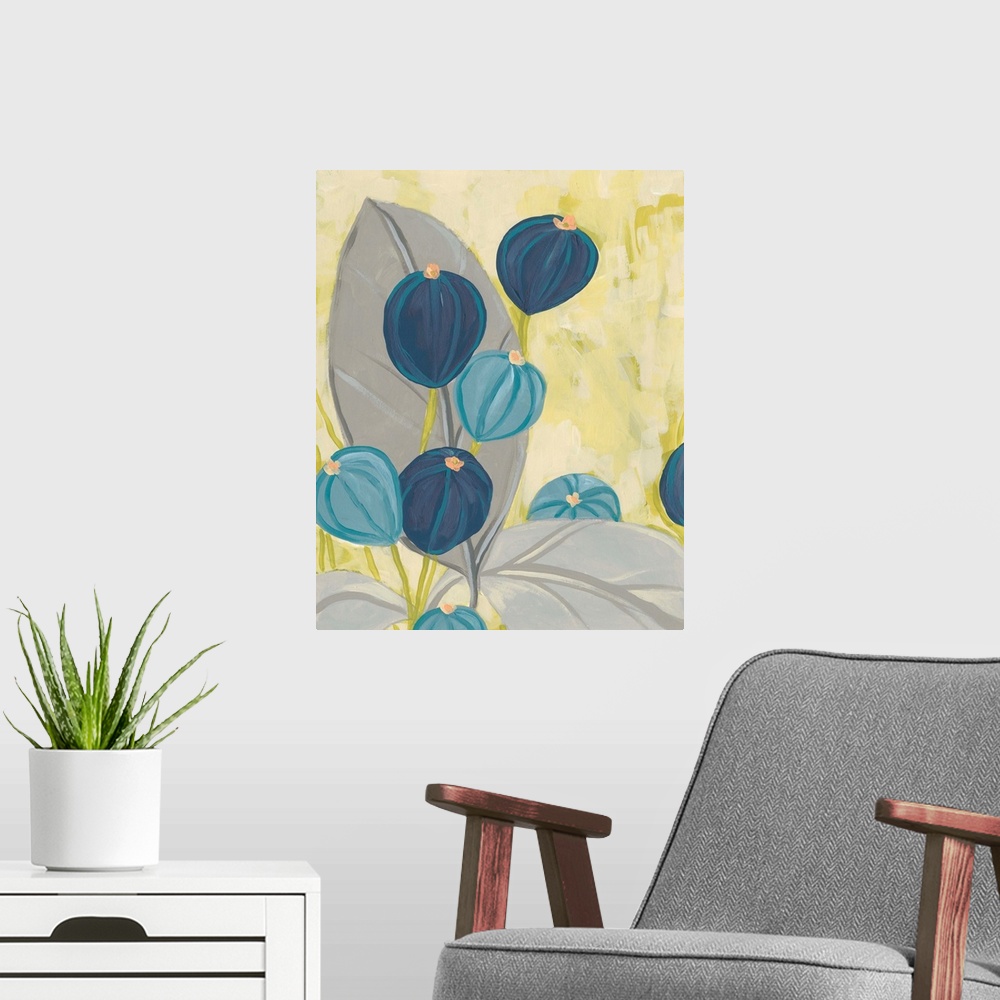 A modern room featuring Contemporary floral painting in navy and gray on a citron yellow background.