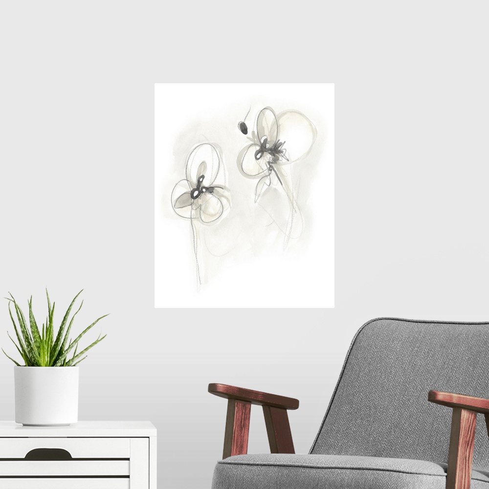 A modern room featuring Circular brush strokes construct gestural flowers in neutral tones in this contemporary artwork.