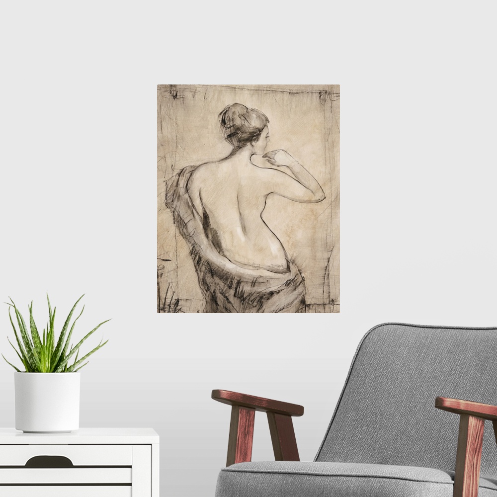 A modern room featuring Figurative artwork of a nude female standing with a cloth draped around the back of her.