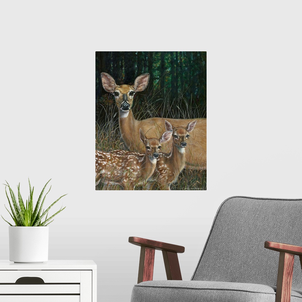 A modern room featuring Contemporary painting of a mother deer with offspring.