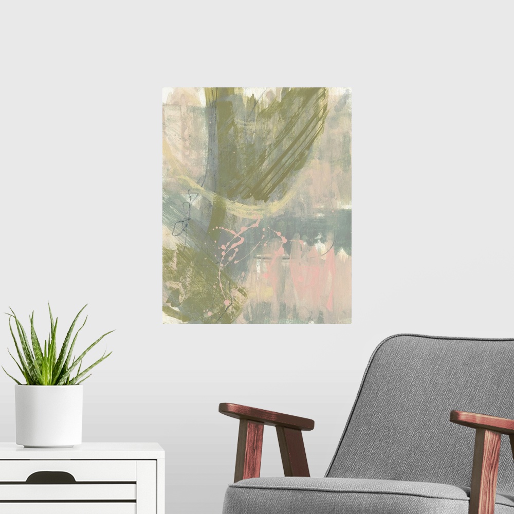 A modern room featuring Contemporary abstract in olive green, blush, and blue.