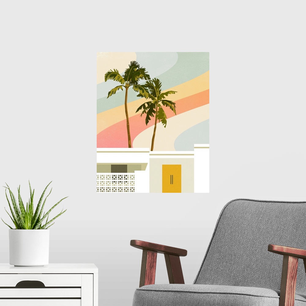 A modern room featuring A contemporary mid-century modern graphic illustration of a white stucco home with classic palm s...
