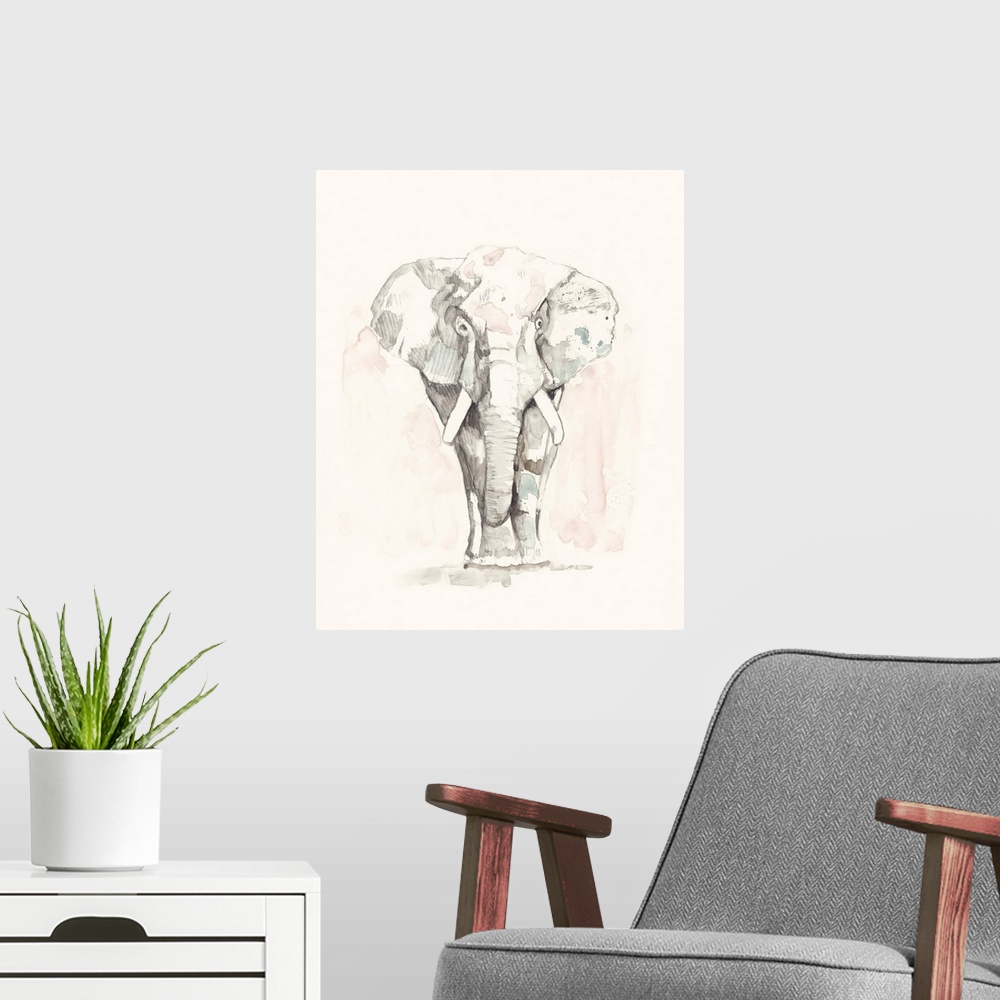 A modern room featuring Contemporary abstract painting of an elephant in soft pastel hues.