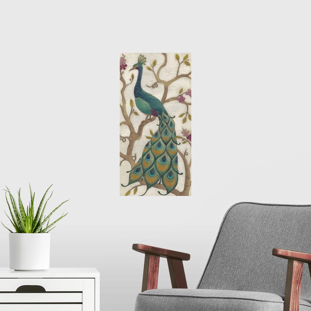 A modern room featuring Decorative art of a stylized peacock on a branch.