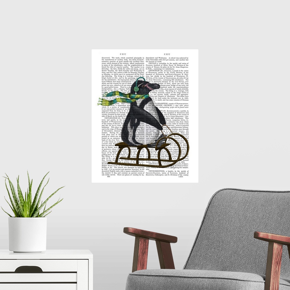 A modern room featuring Decorative art with a penguin riding a sled painted on the page of a book.