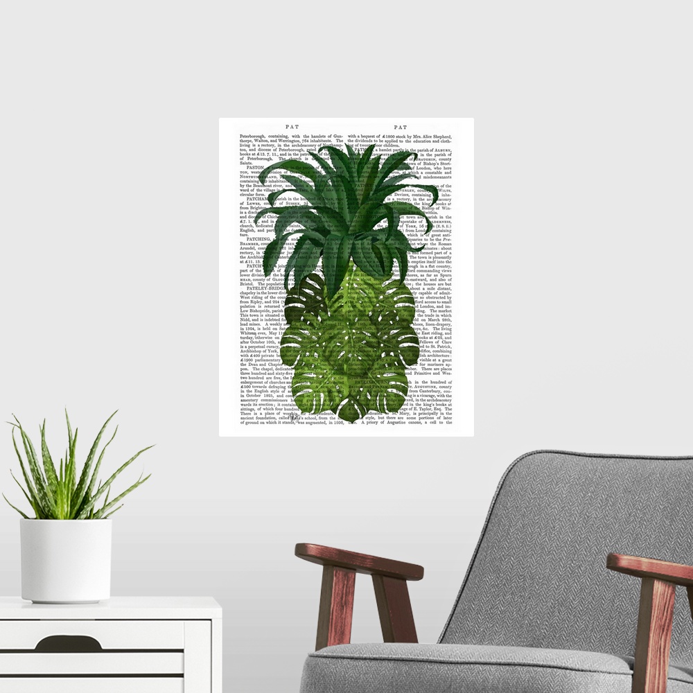 A modern room featuring Decorative art of the shape of a pineapple made with tropical leaves painted on the page of a book.