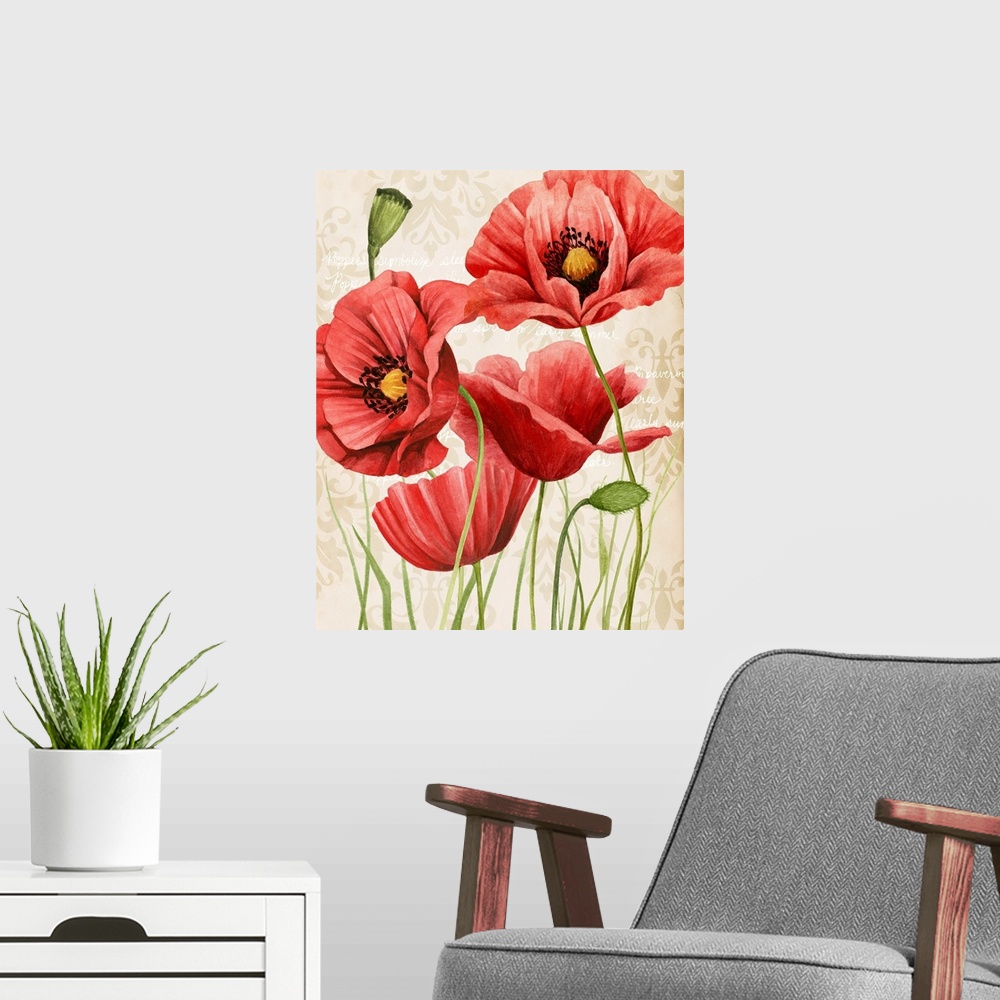 A modern room featuring Contemporary illustration of vibrant red poppies in bloom on a beige damask background.
