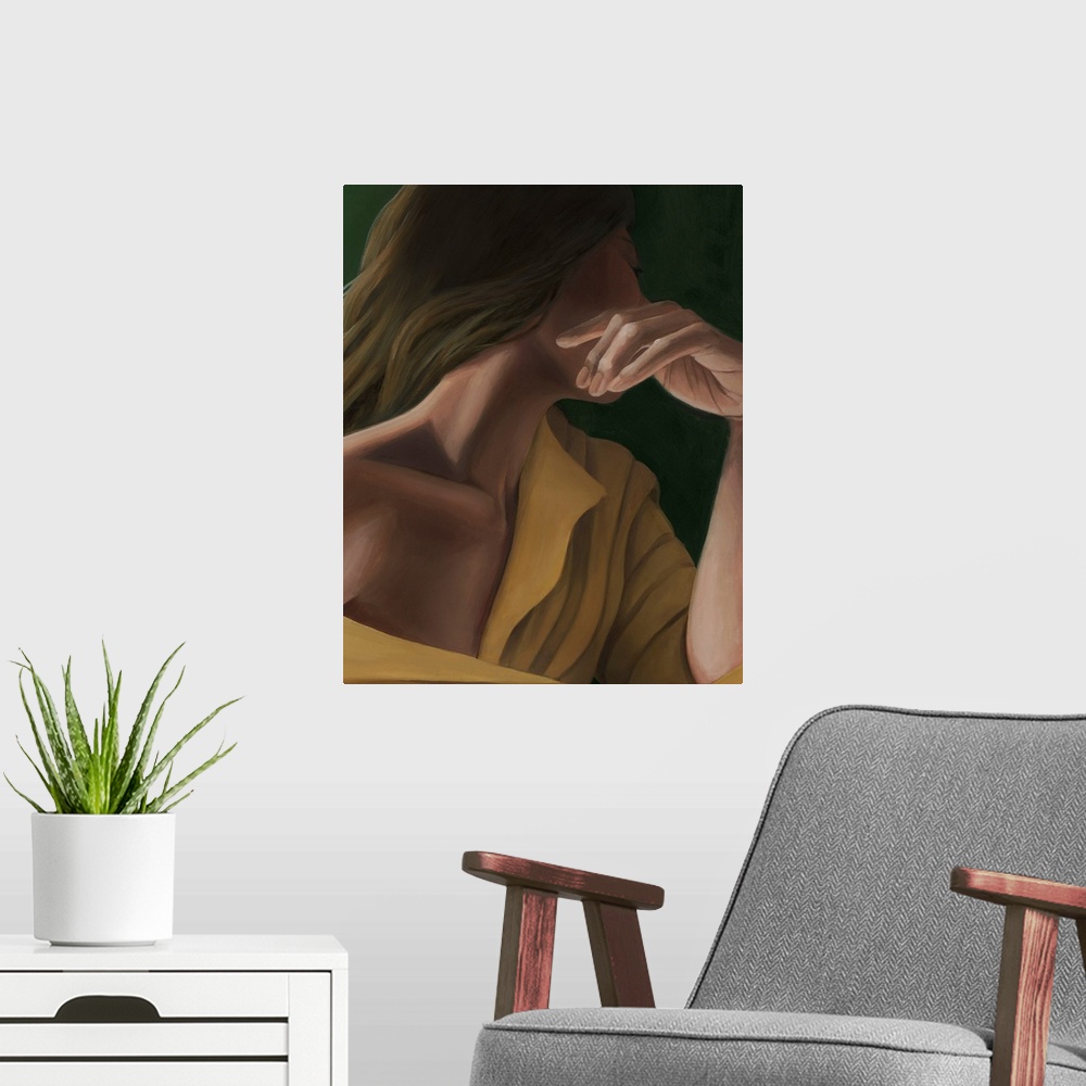 A modern room featuring A sophisticated portrait painting of a woman looking away from the artist - she wears an off the ...