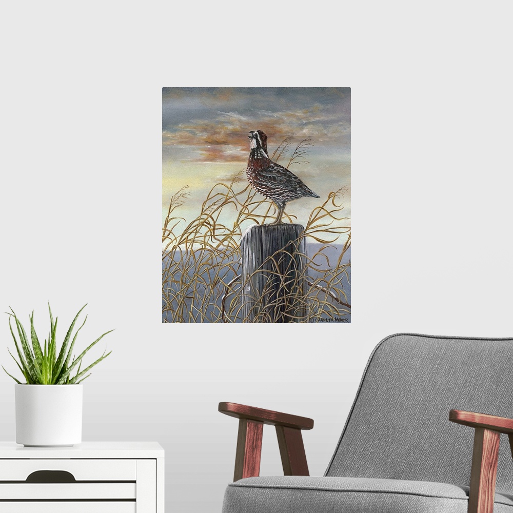 A modern room featuring Contemporary painting of a quail standing on a wooden post under a sunset sky.