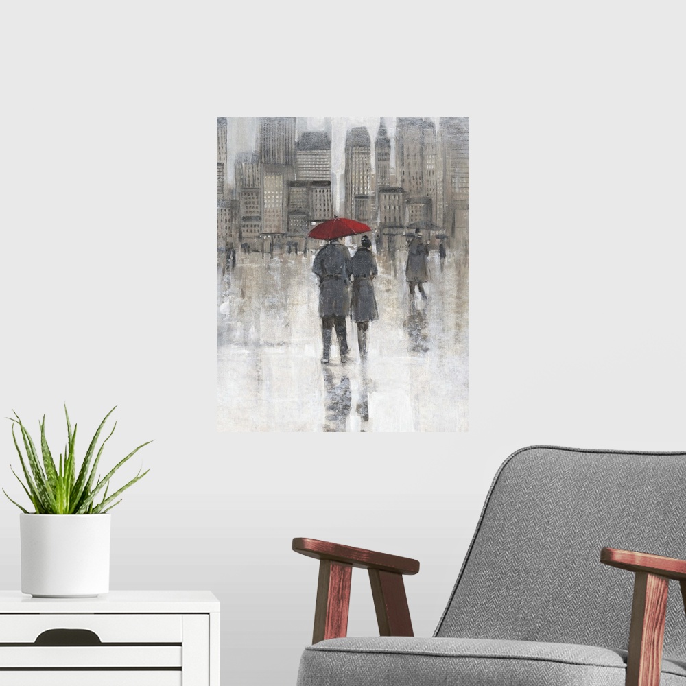 A modern room featuring Contemporary artwork of a couple in the city sharing a red umbrella.