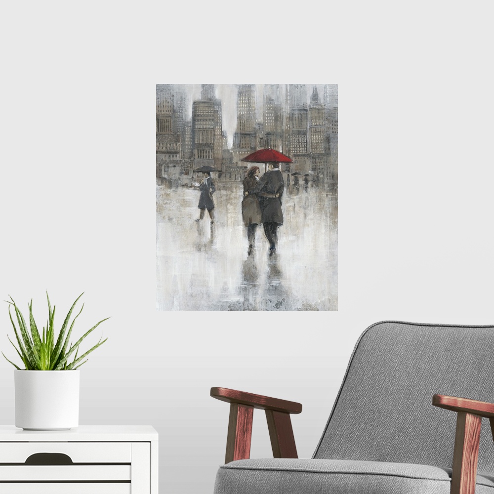 A modern room featuring Contemporary artwork of a couple in the city sharing a red umbrella.