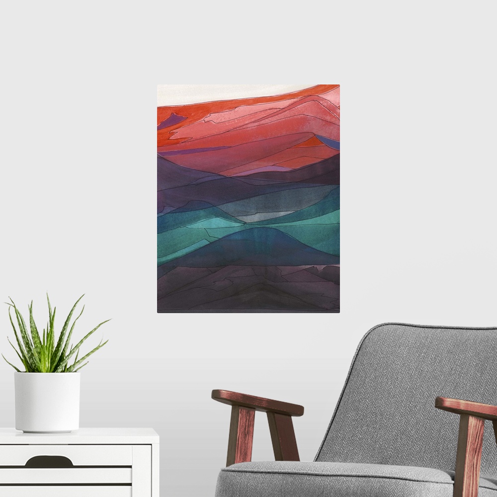 A modern room featuring Contemporary abstract painting resembling a mountainous valley made of different color sheets.