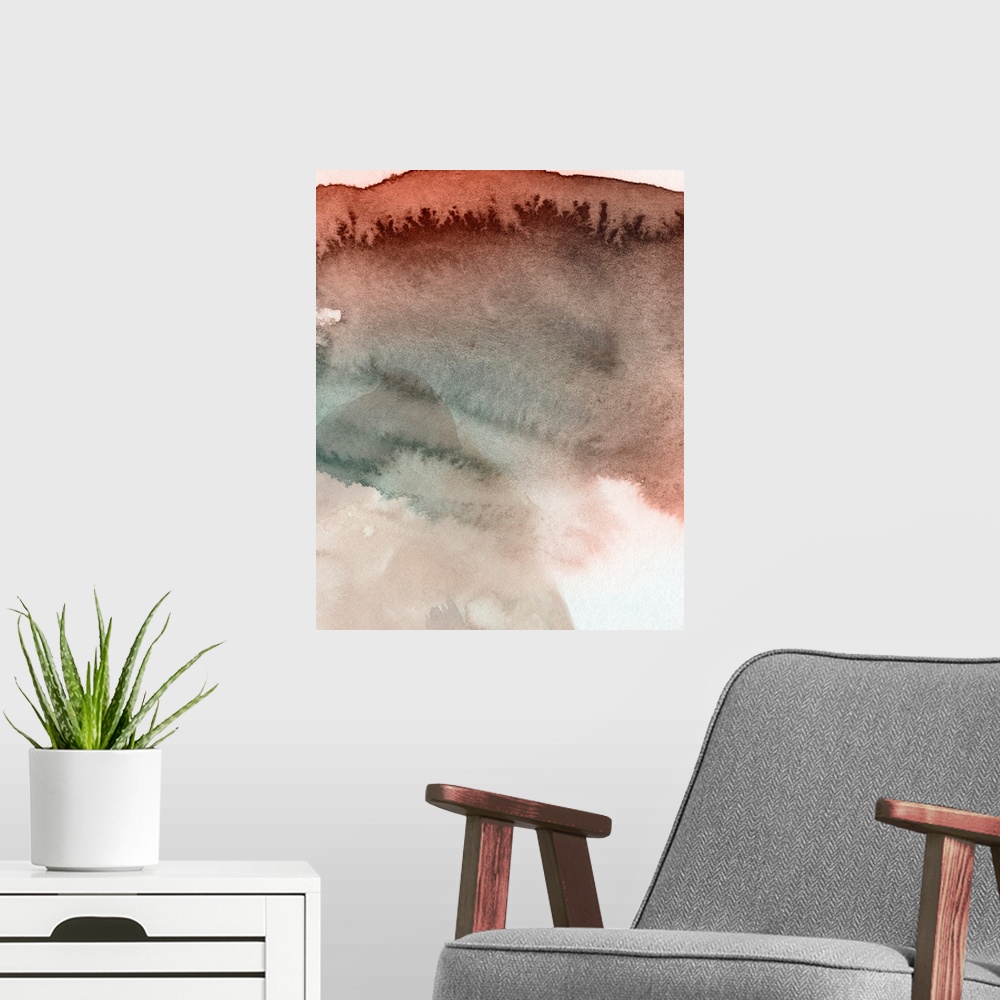 A modern room featuring Red Ochre Abstract IV