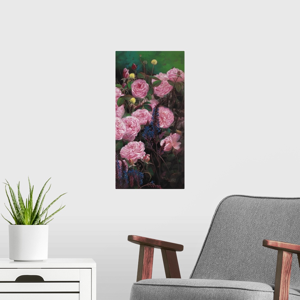A modern room featuring Contemporary painting of vibrant garden flowers.
