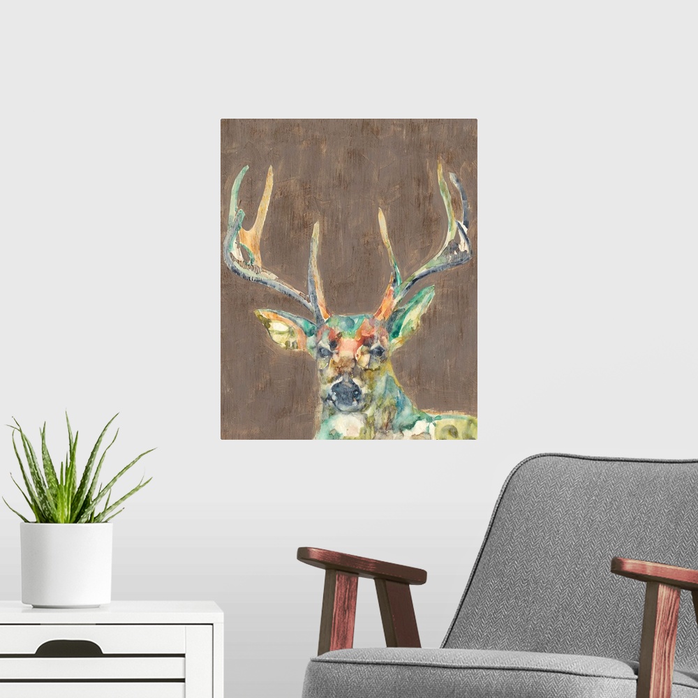 A modern room featuring Contemporary portrait of a deer with a large rack of antlers.