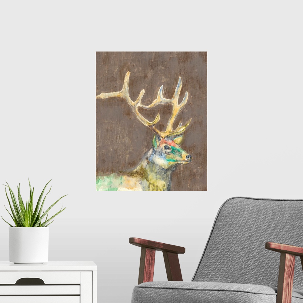 A modern room featuring Contemporary portrait of a deer with a large rack of antlers.