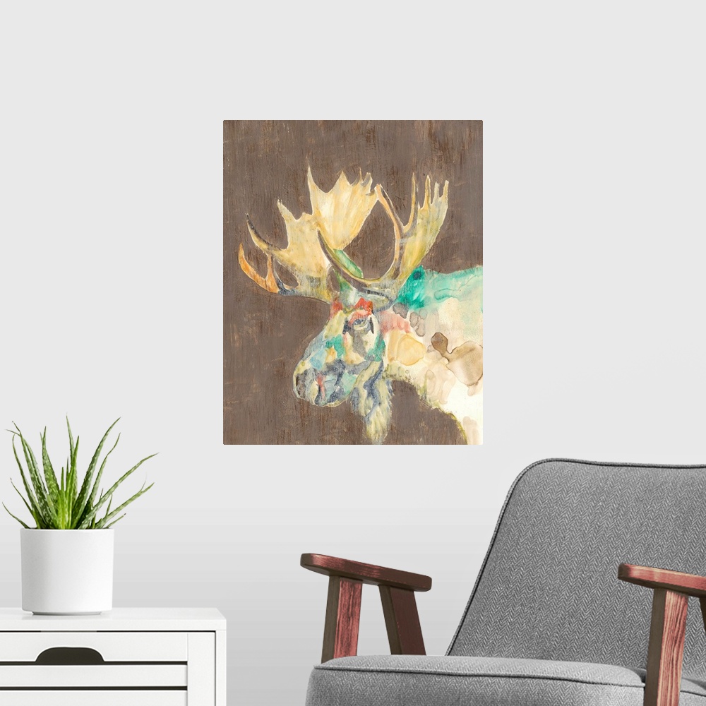 A modern room featuring Contemporary portrait of a moose with large antlers.