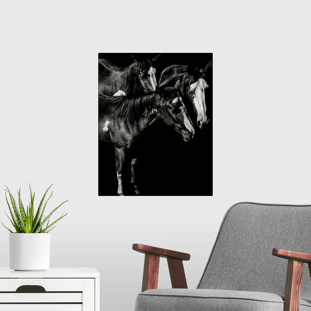 A modern room featuring Black and white illustration of three horses standing together.