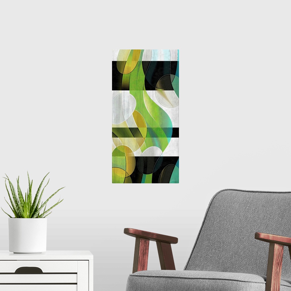 A modern room featuring Contemporary abstract painting using neutral tones in geometric shapes with an overlay of colorfu...