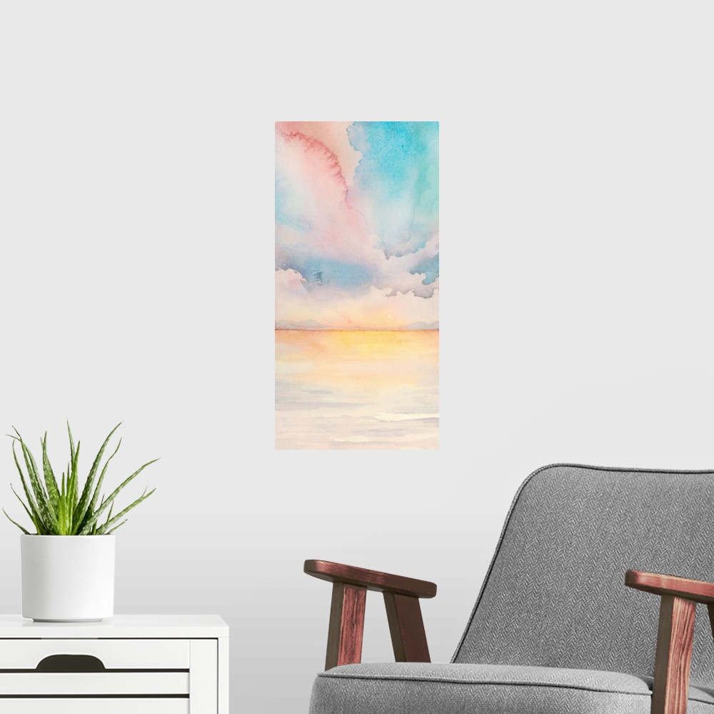 A modern room featuring Sea Sunset Triptych II