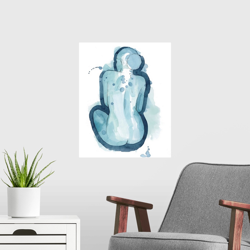 A modern room featuring Contemporary abstract figurative painting in blue watercolor.