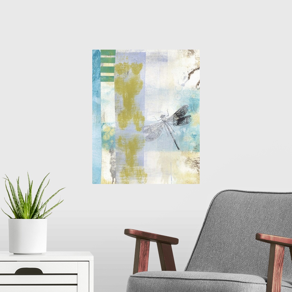 A modern room featuring Abstract painting in blue shades embellished with a vintage dragonfly illustration.