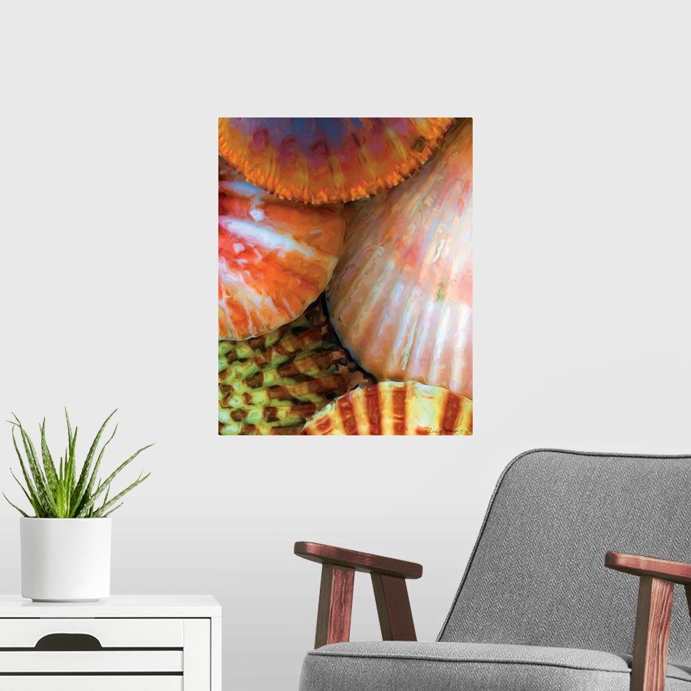 A modern room featuring A contemporary painting of a close-up colorful seashells.