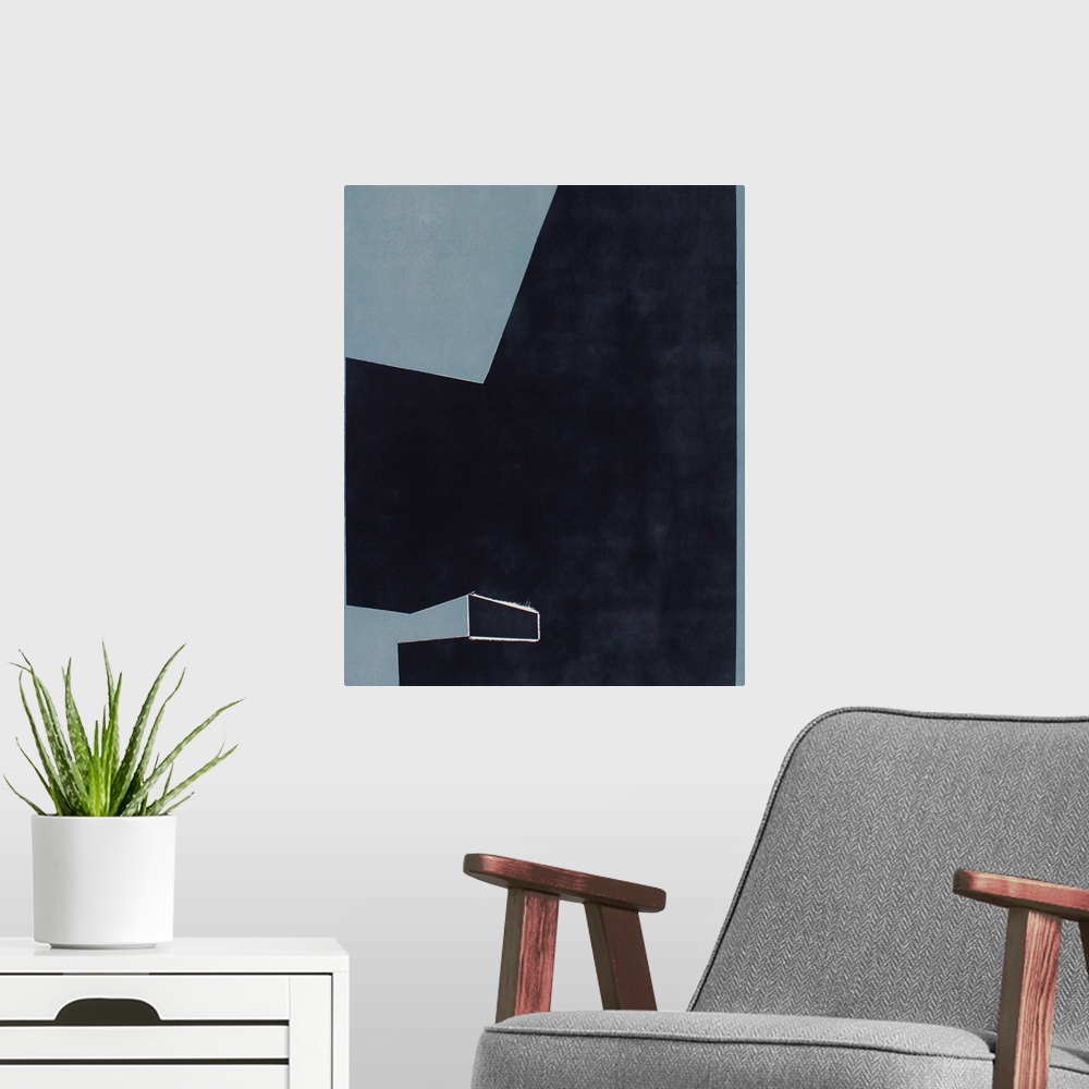 A modern room featuring Minimalist artwork comprised of black polygonal shapes on a blue gray background.