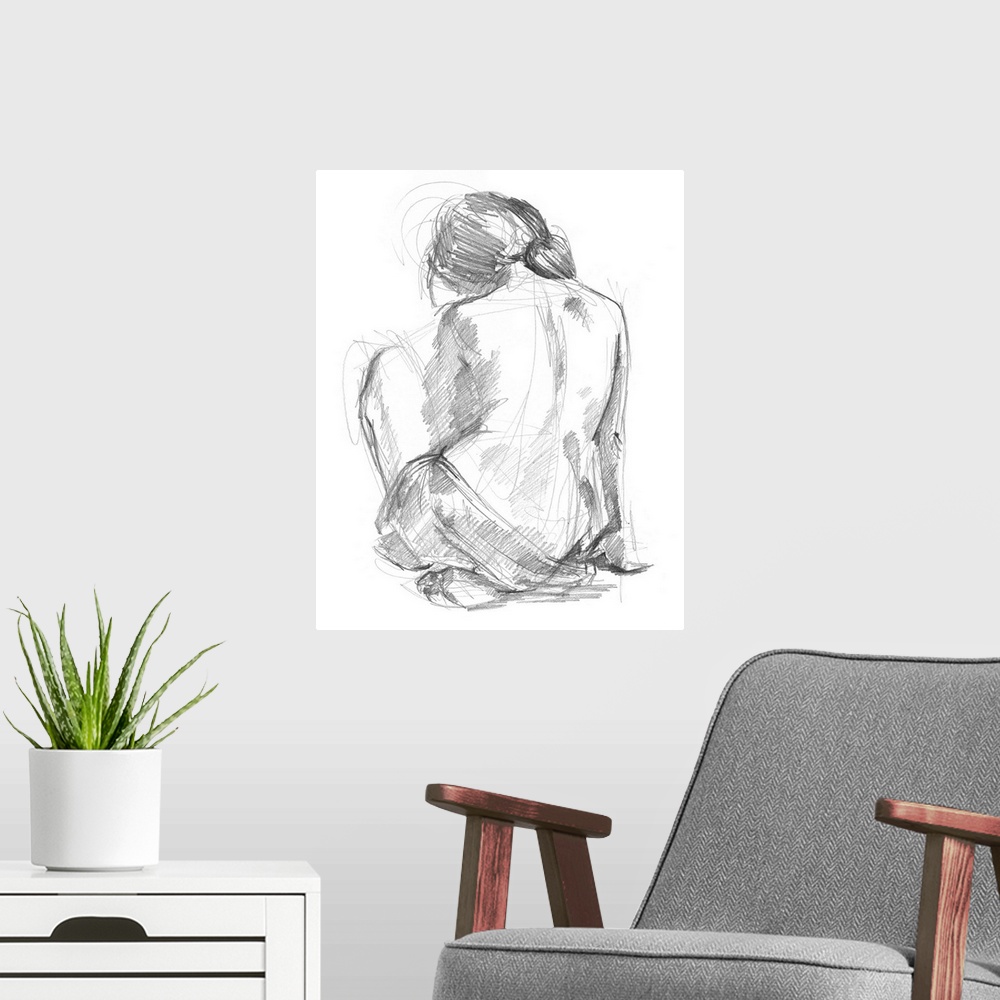 A modern room featuring Drawing of the back of a nude woman looking downwards on a white background.