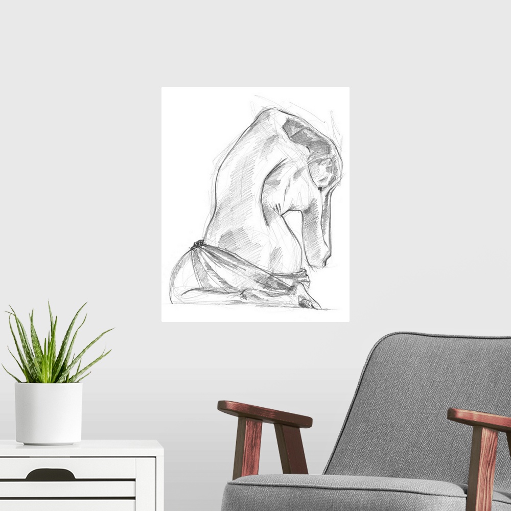 A modern room featuring Drawing of the back of a nude woman looking over her shoulder on a white background.