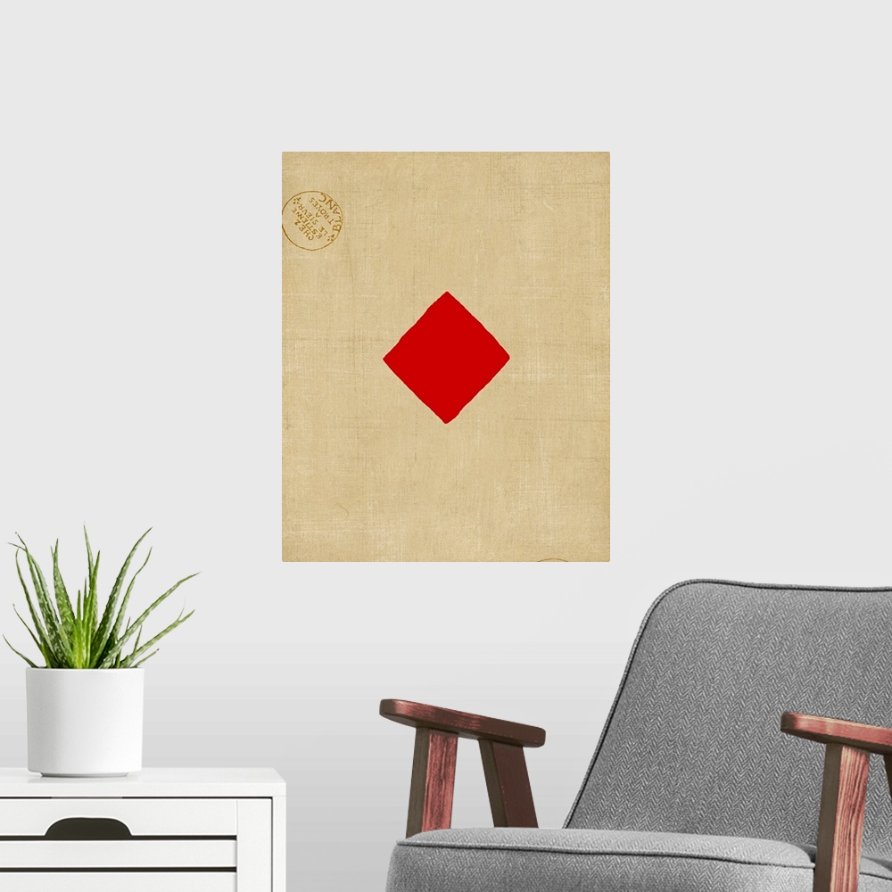 A modern room featuring Contemporary artwork resembling a giant playing card with two stamp emblems.