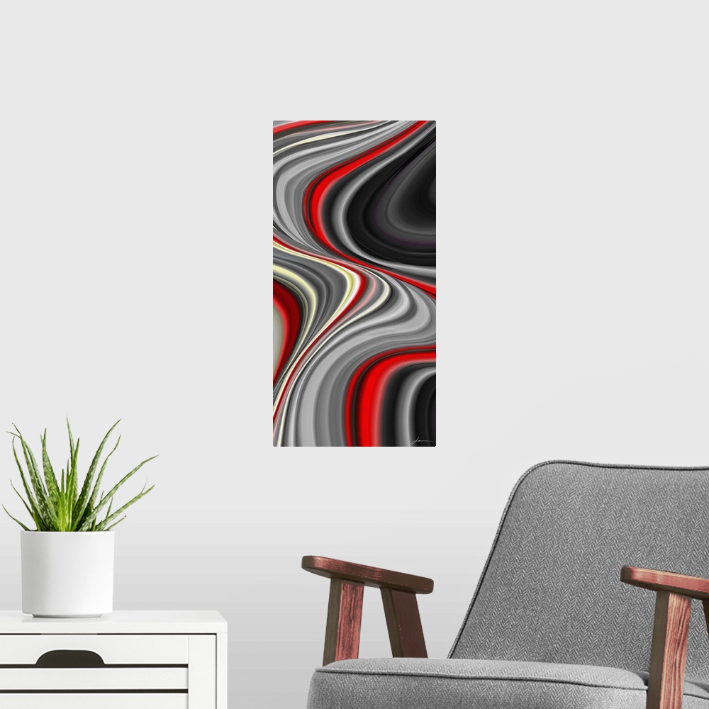 A modern room featuring Contemporary abstract artwork of wavy lines in neutral colors, with bright red streaks running th...