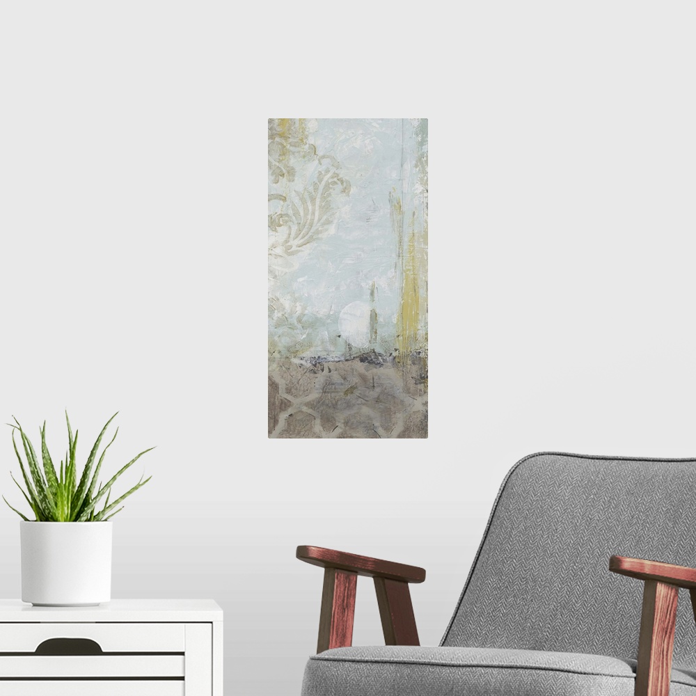 A modern room featuring Contemporary abstract art using patterns and soft earth tones.