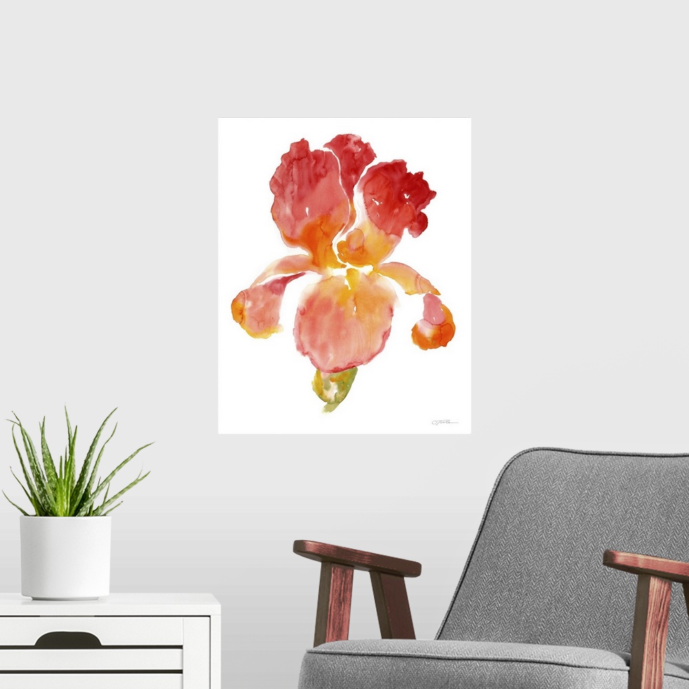 A modern room featuring Contemporary watercolor painting of a flower in warm red and orange tones.