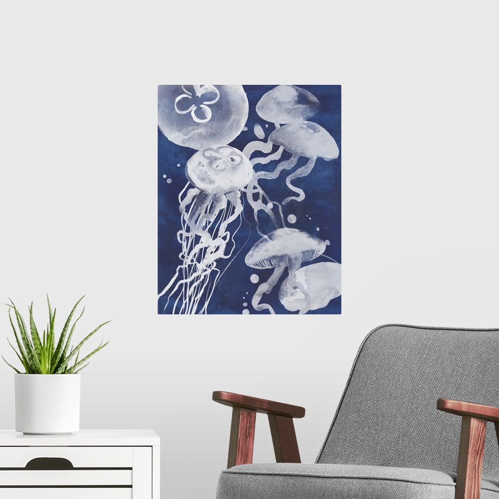 A modern room featuring Painting of several white jellyfish swimming in the ocean.