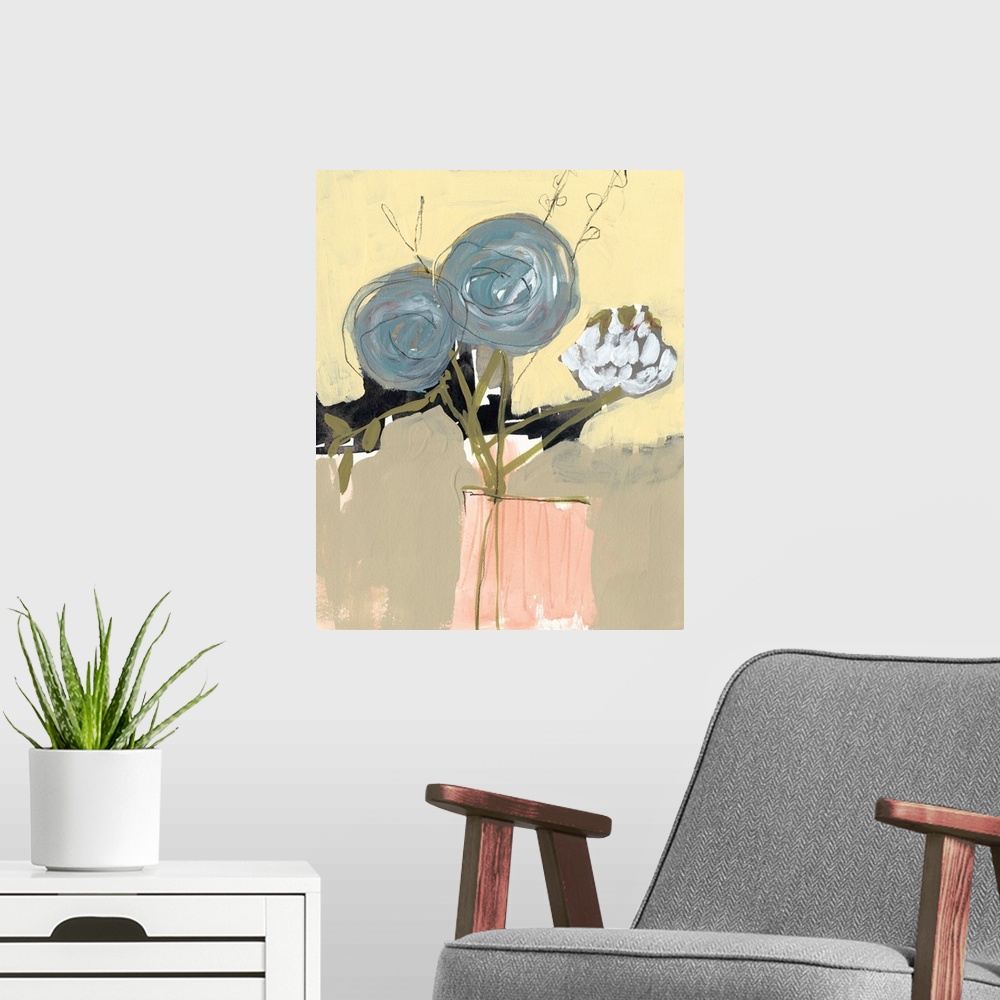 A modern room featuring Contemporary painting of a bouquet of blue flowers on a yellow and tan background.