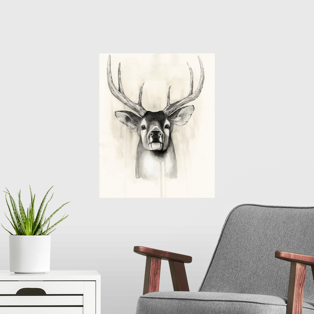 A modern room featuring Watercolor portrait of a deer in neutral hues.