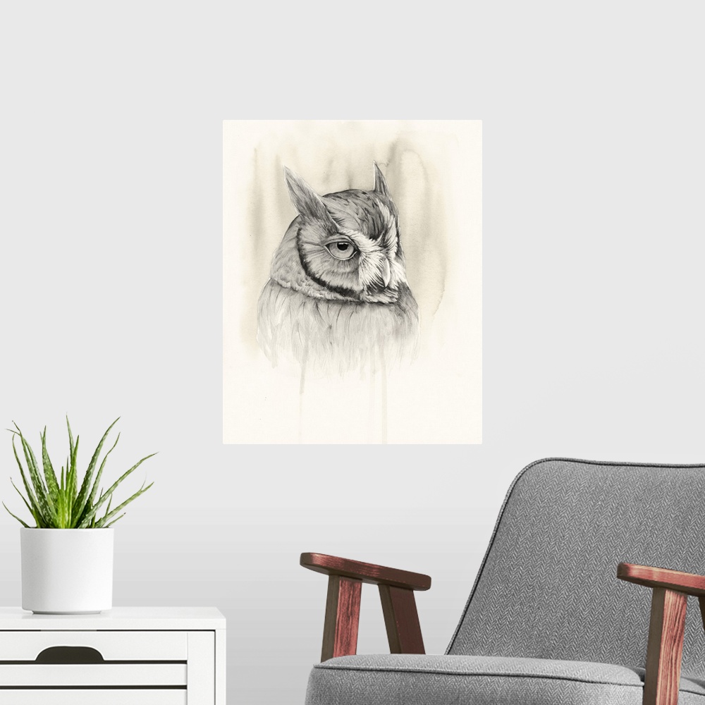 A modern room featuring Watercolor portrait of an owl in neutral hues.