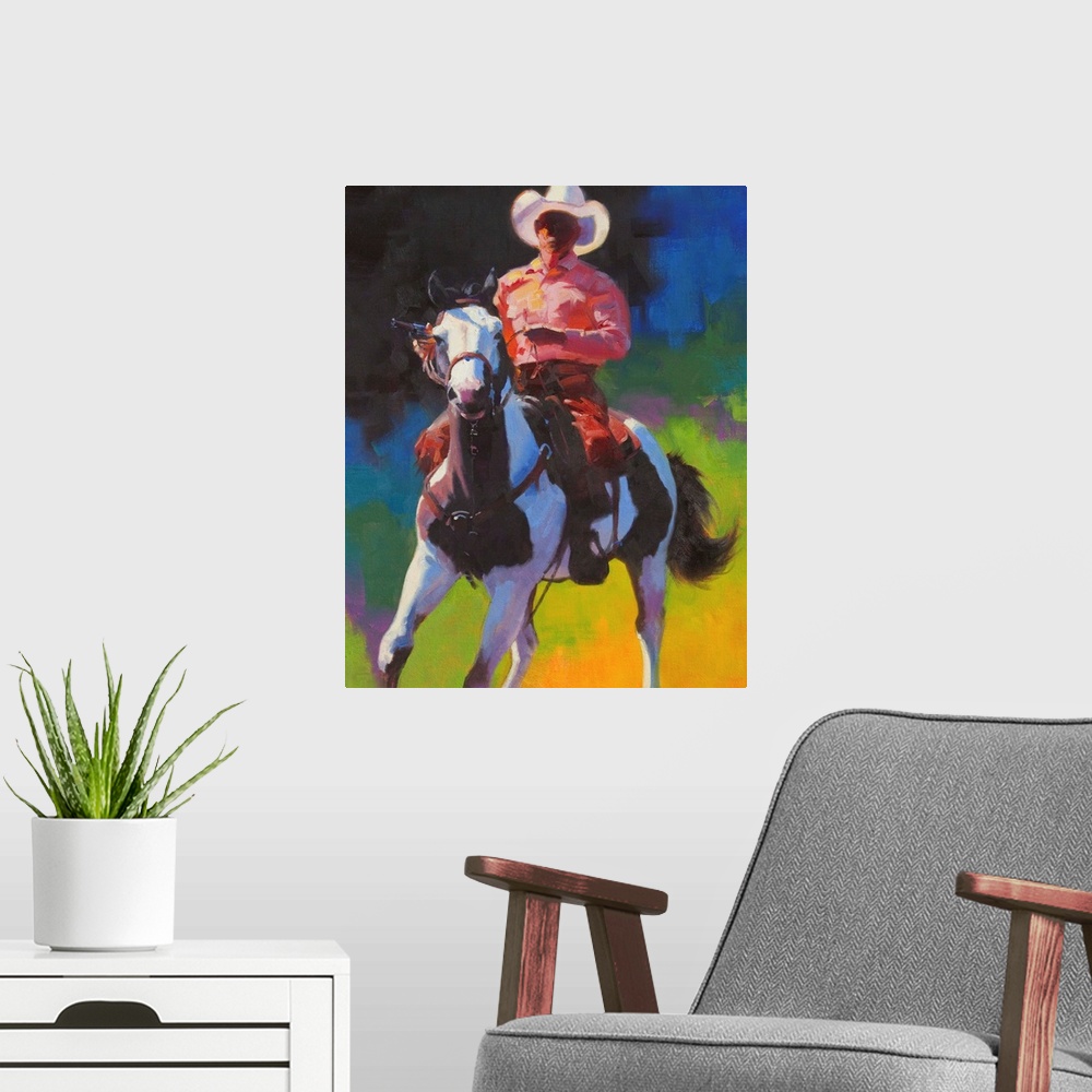 A modern room featuring Contemporary painting of a cowboy atop of a brown and white paint horse.
