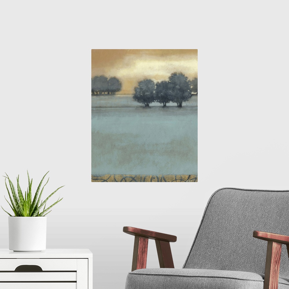 A modern room featuring Contemporary artwork of countryside landscape with pale blue field.