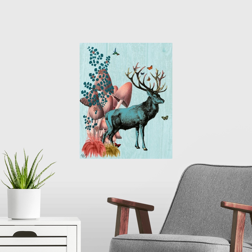 A modern room featuring Turquoise Deer In Mushroom Forest
