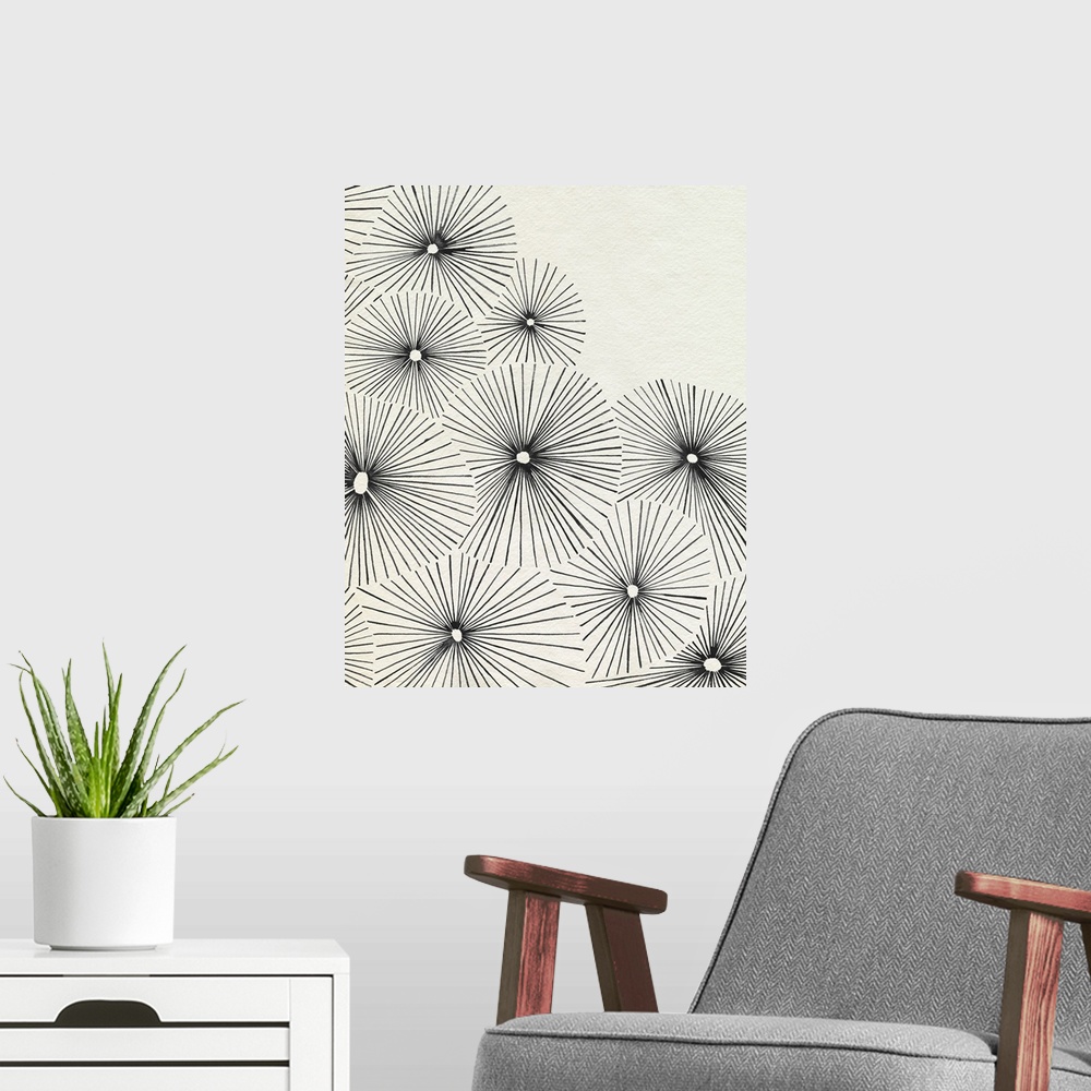 A modern room featuring A very minimalist contemporary illustration of overlapping circles of radiating spokes that resem...