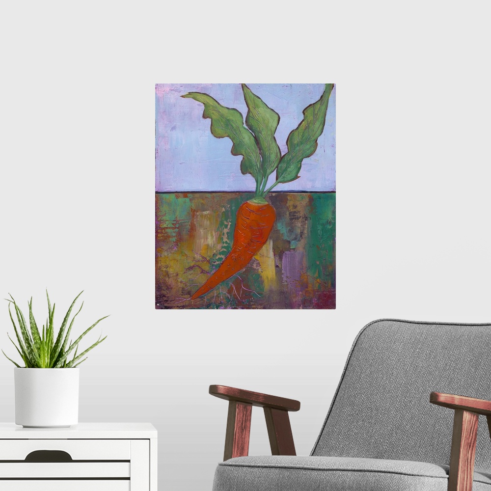 A modern room featuring Contemporary painting of a cross section view of garden vegetables in the ground.