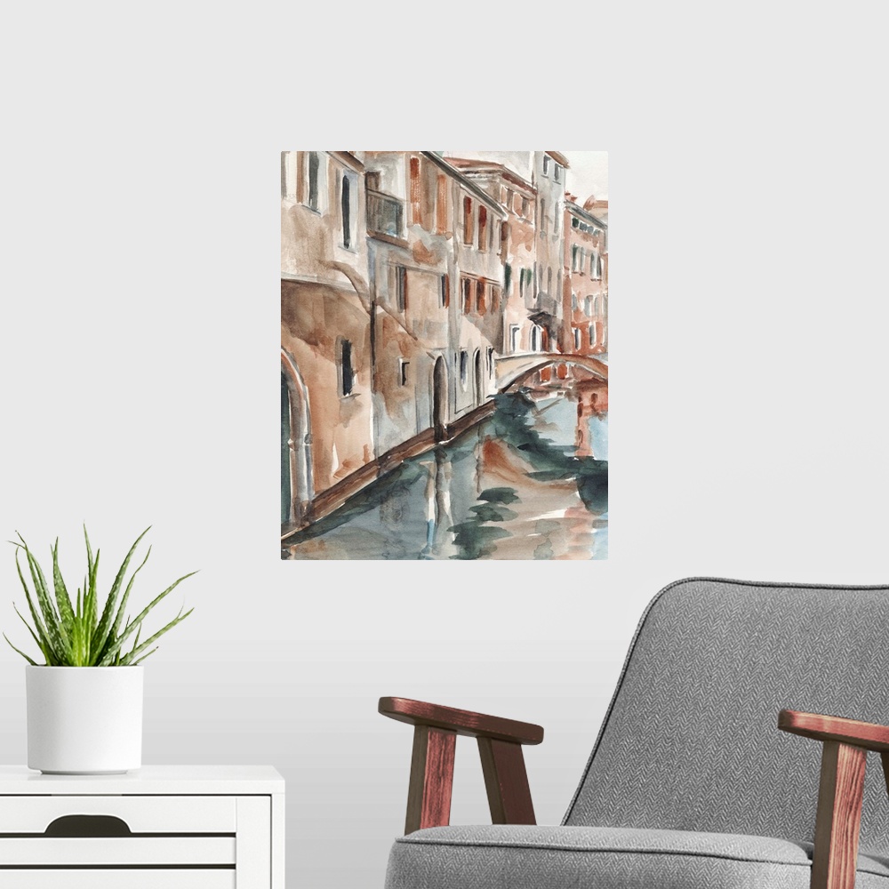 A modern room featuring Watercolor painting of Venice, Italy, looking down the canal at the buildings and a bridge.