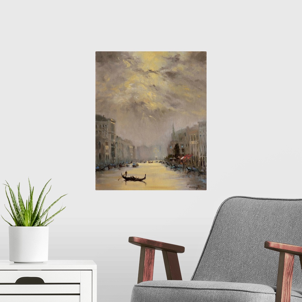 A modern room featuring A contemporary painting of a Venetian cityscape.