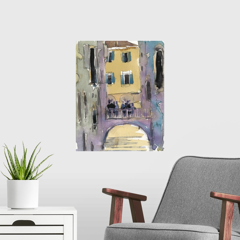 A modern room featuring Watercolor open air painting of a bridge over the canal in Venice, Italy.