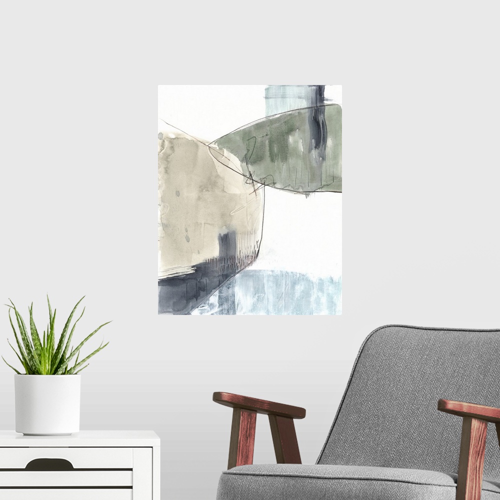 A modern room featuring Abstract artwork with overlapping shapes in cool colors with gestural line art accents over a whi...
