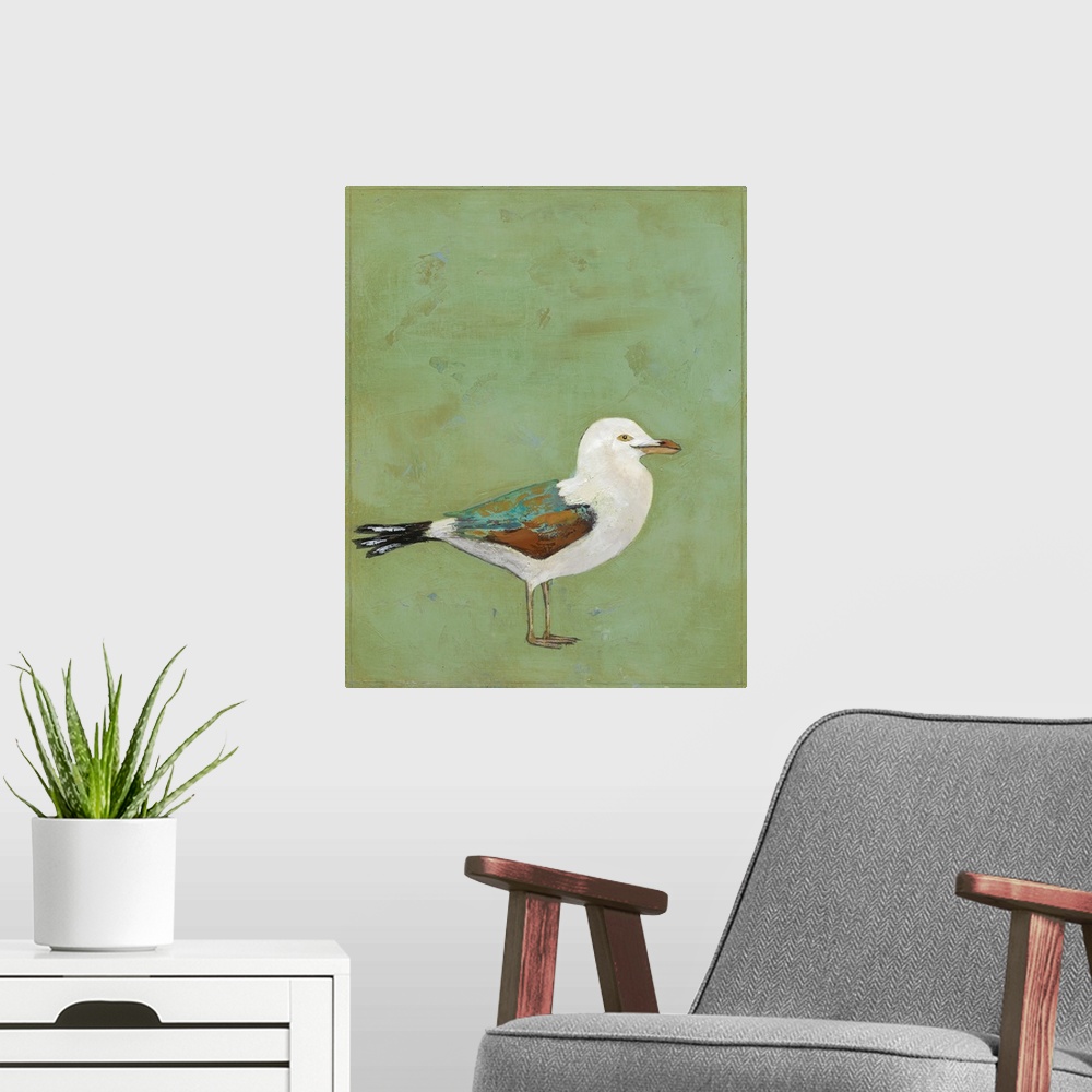 A modern room featuring Contemporary painting of a seagull against a green background.