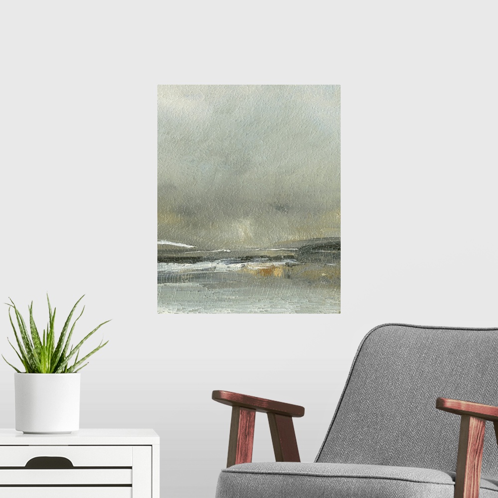 A modern room featuring Vertical modern seascape painting in muted colors with a rough texture.